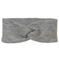 A gray boiled wool headband with a twist in the middle, presented on a neutral background.