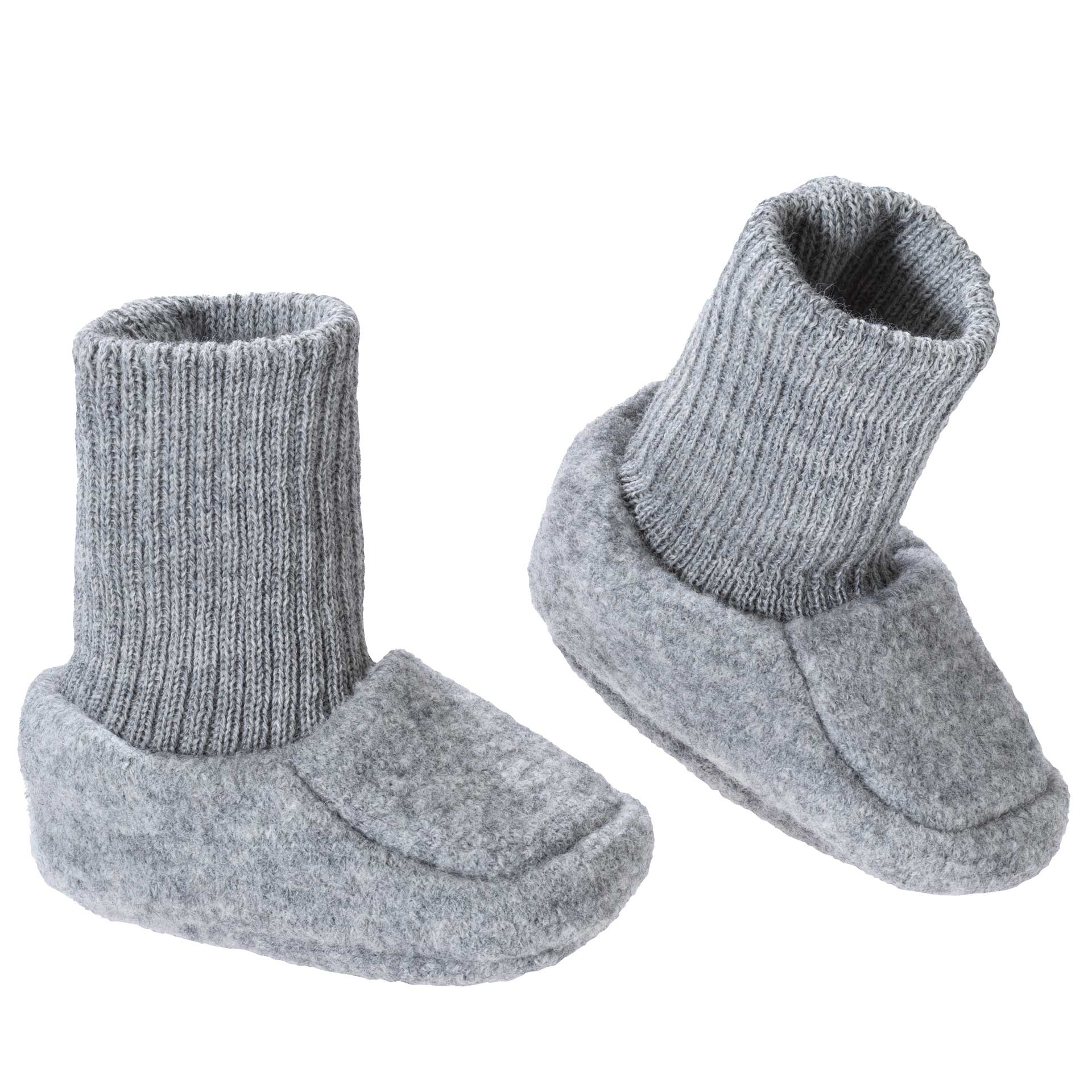 Pair of gray baby booties on a white background