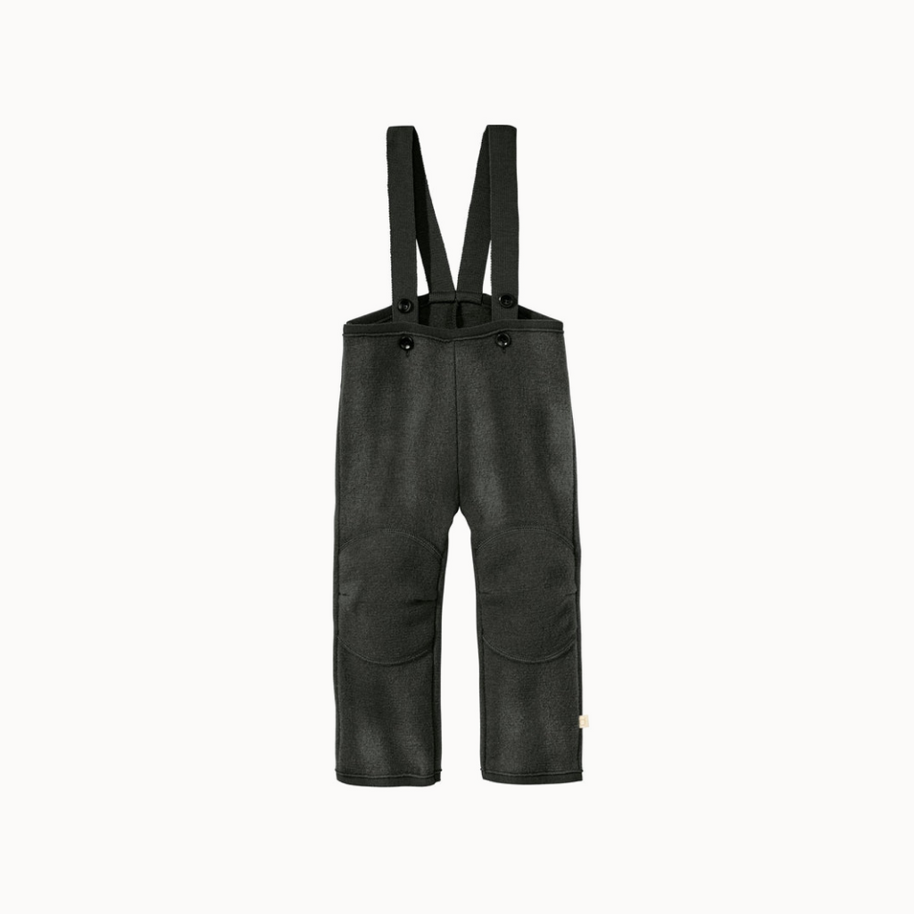 Dark gray wool trousers with suspenders