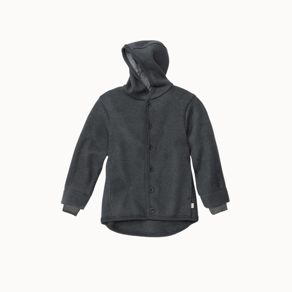 Gray hooded button-up wool jacket for kids
