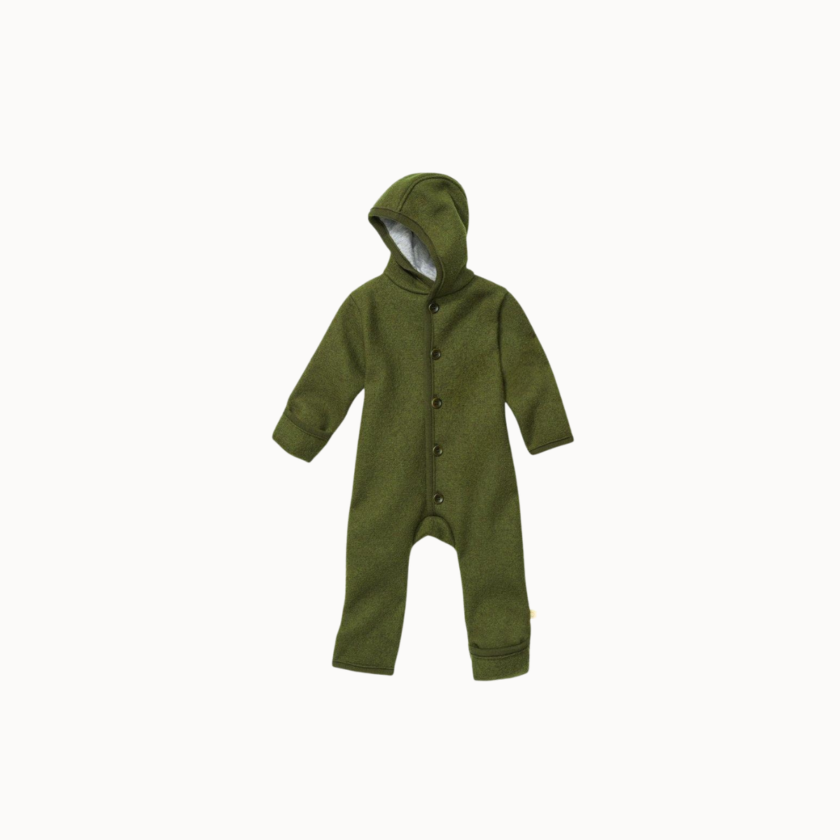 An olive green hooded one-piece baby romper with front buttons, displayed on a clean white background.