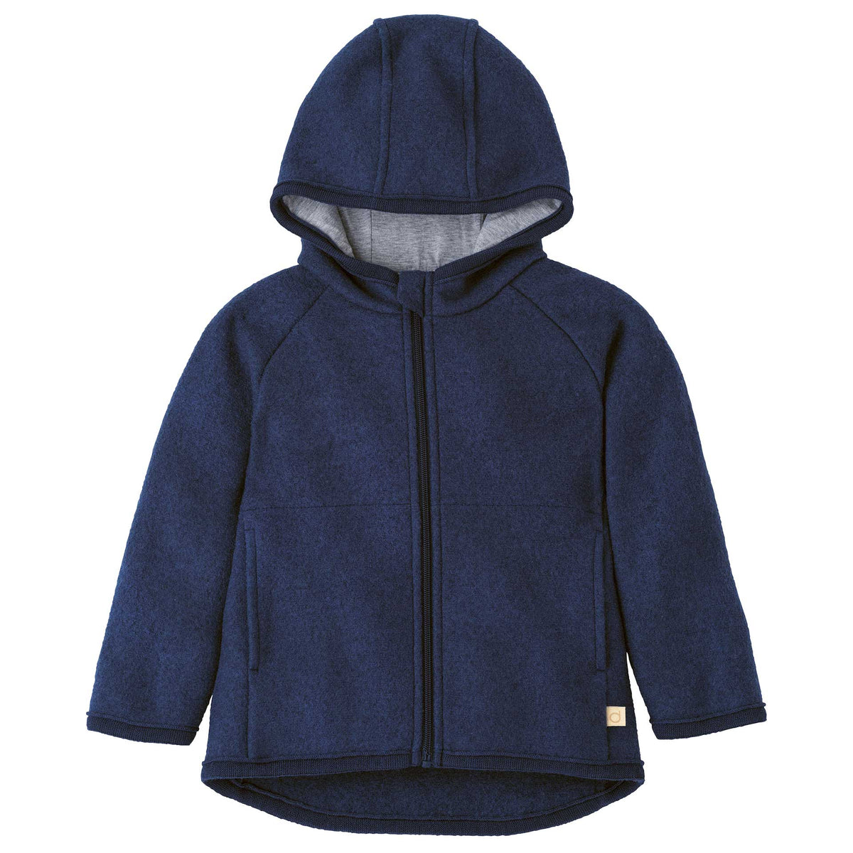 Blue hoodie with a visible brand logo on a white background