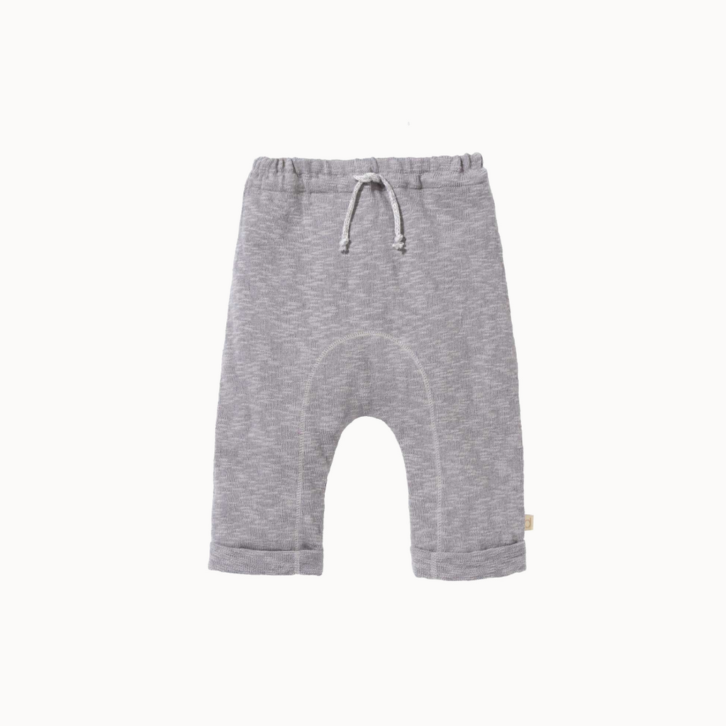 grey knitted linen trousers with a soft elastic waistband and rolled legs