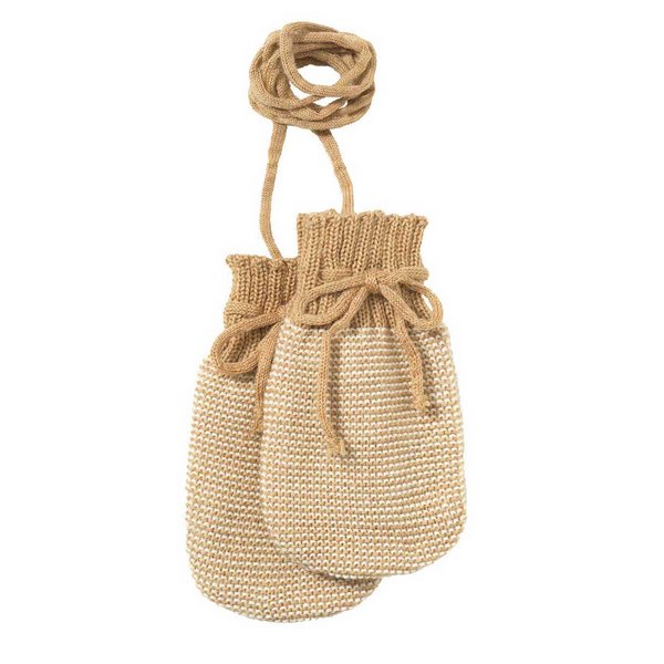 A pair of beige merino wool knitted mittens with extra-long cuffs and a soft drawstring.