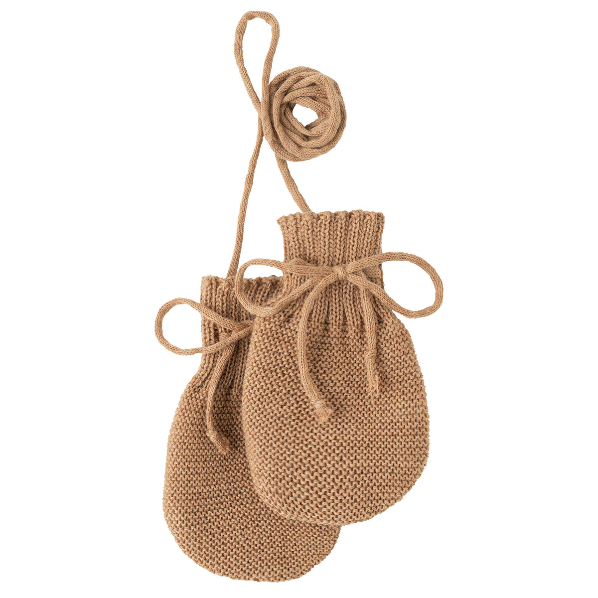 Pair of brown knitted mittens with a string on a white background