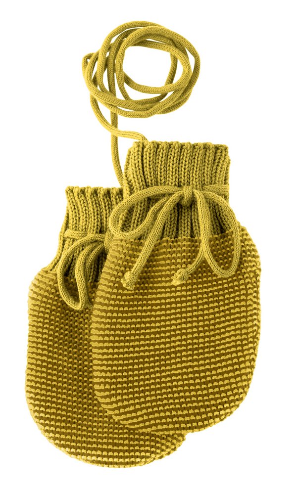 Yellow knitted baby booties with drawstring on a white background