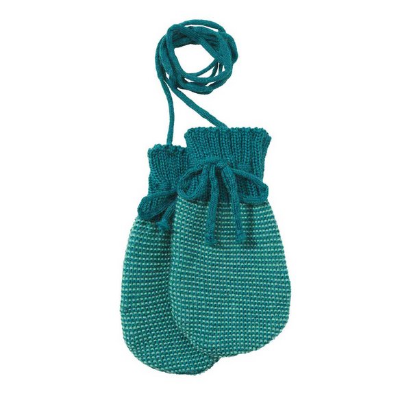 A pair of teal merino wool knitted mittens with extra-long cuffs and a soft drawstring.