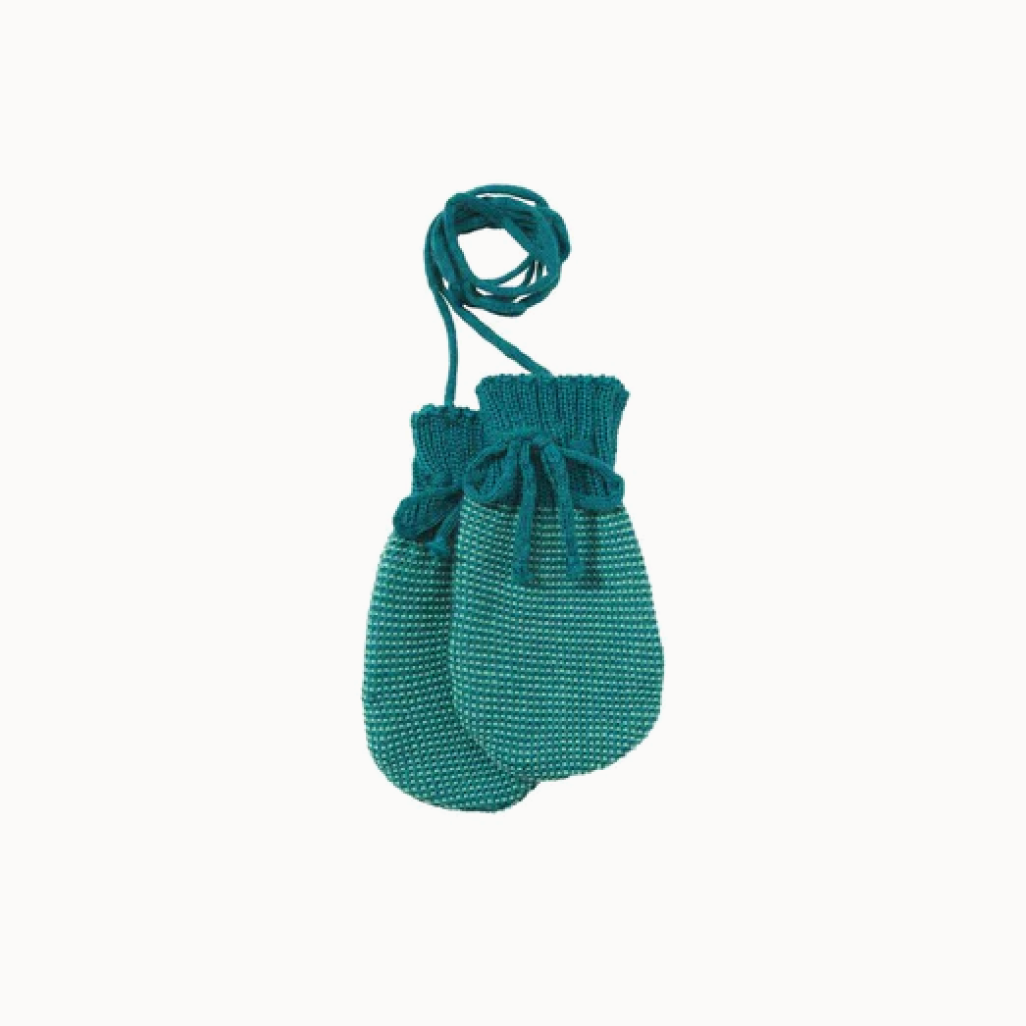 Mint-colored knitted baby mittens