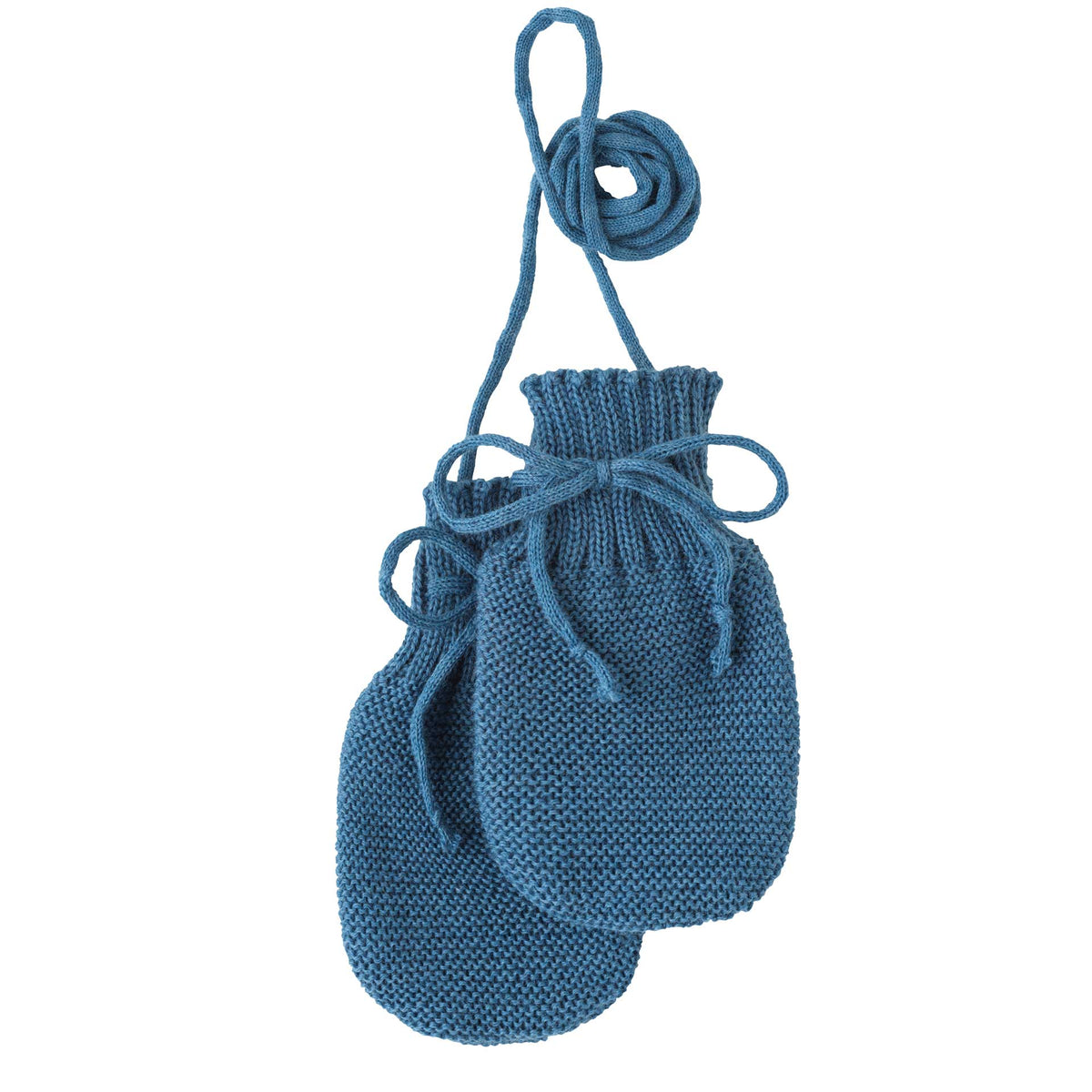 Blue knitted drawstring pouch on a white background