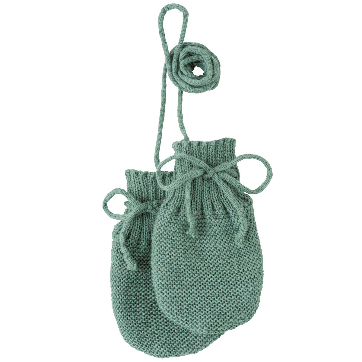 Green knitted drawstring pouch on a white background