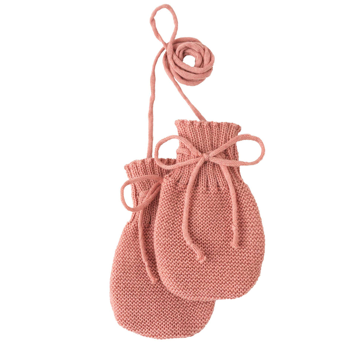 Pair of pink knitted mittens on a white background