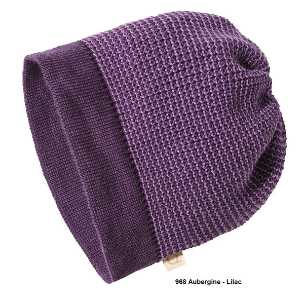 Purple knitted beanie on a white background