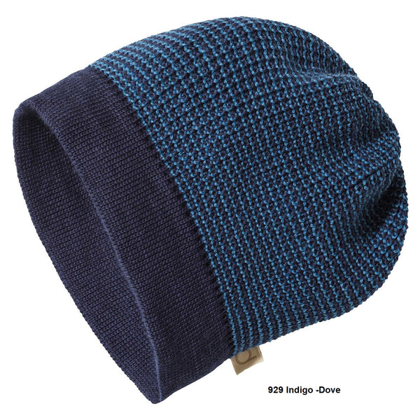 Blue knit beanie with two-tone design on a white background