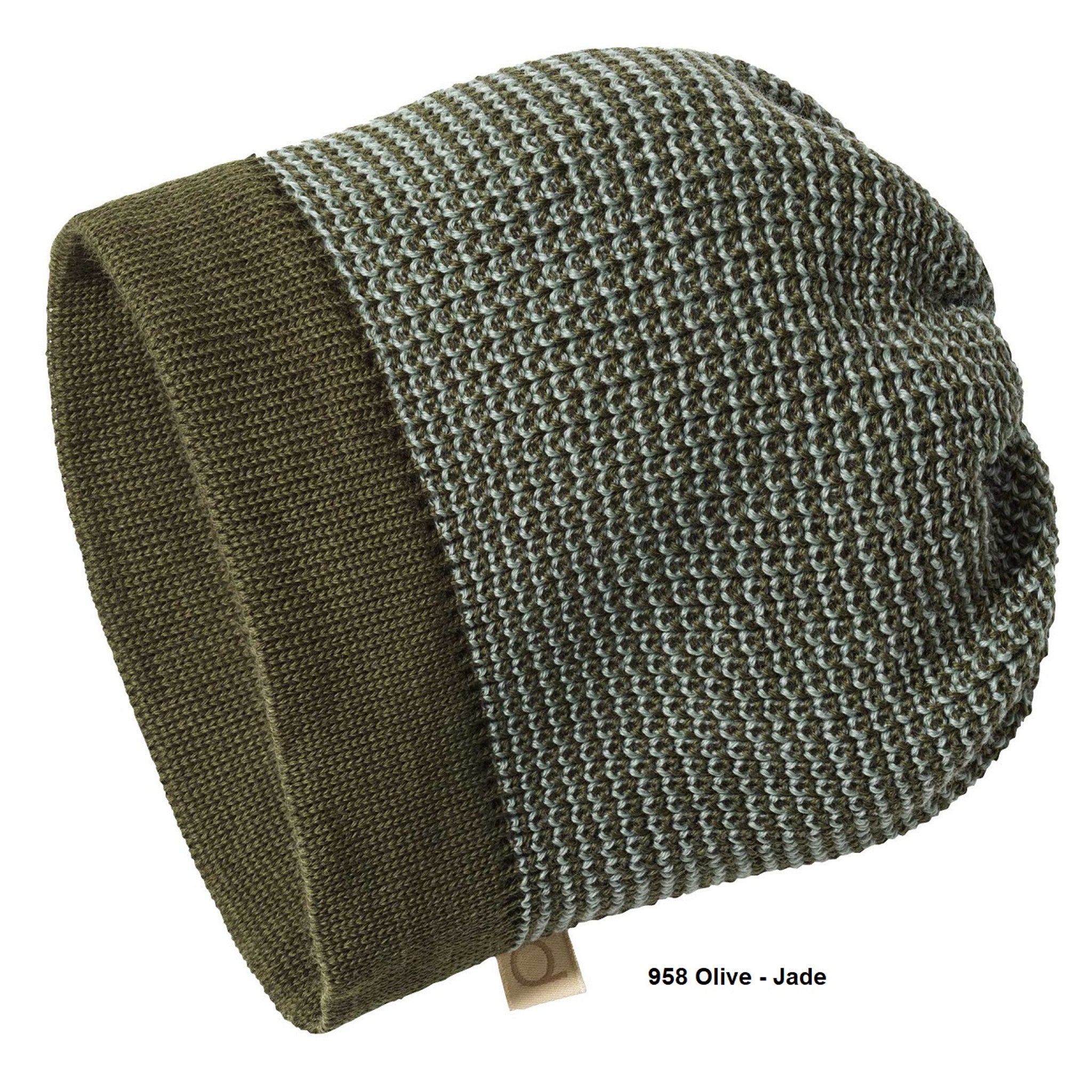 Green knit beanie with a label on a white background