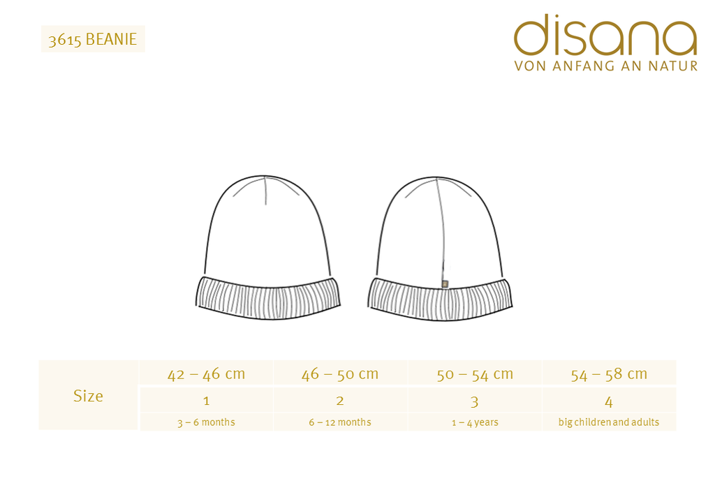 Disana wool knitted beanie size guide