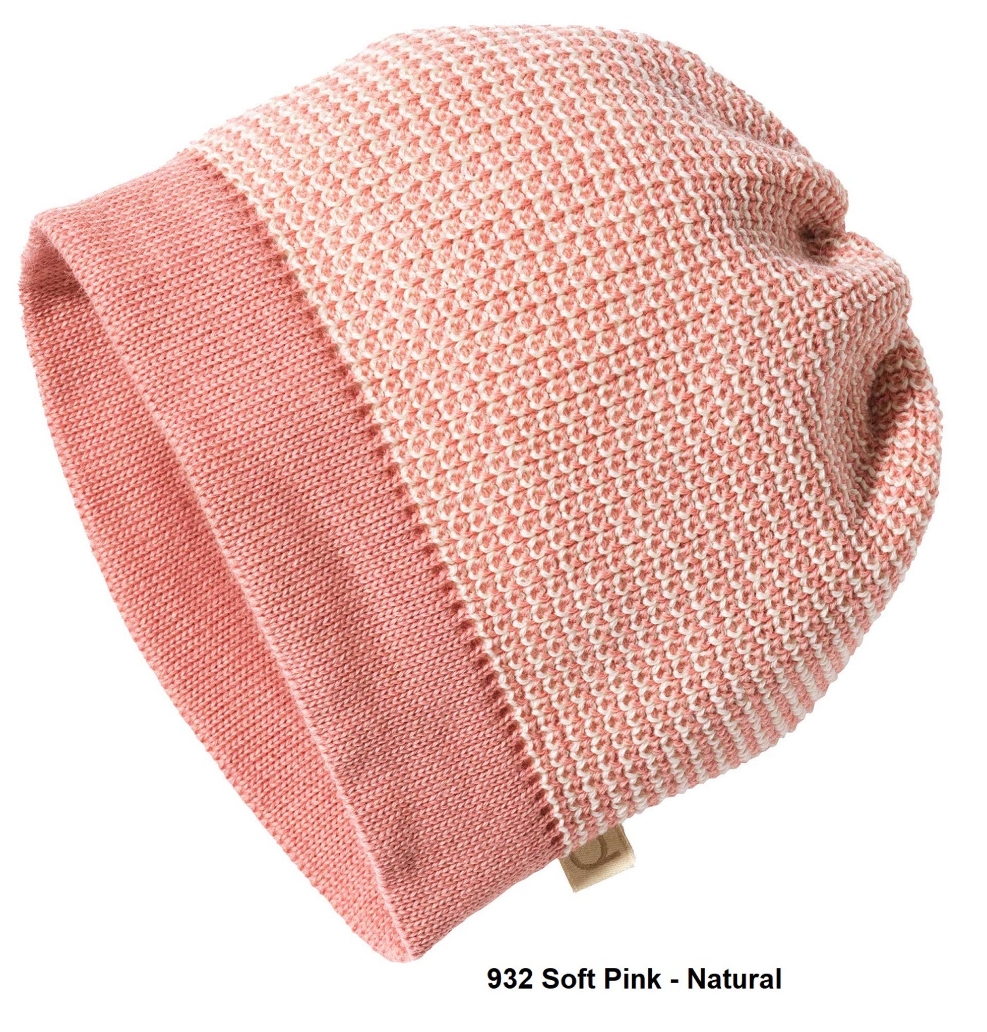 Pink knitted beanie on a white background