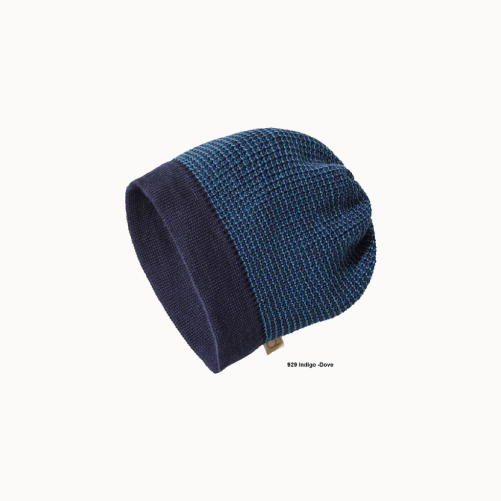 Blue knit beanie with two-tone design on a white background