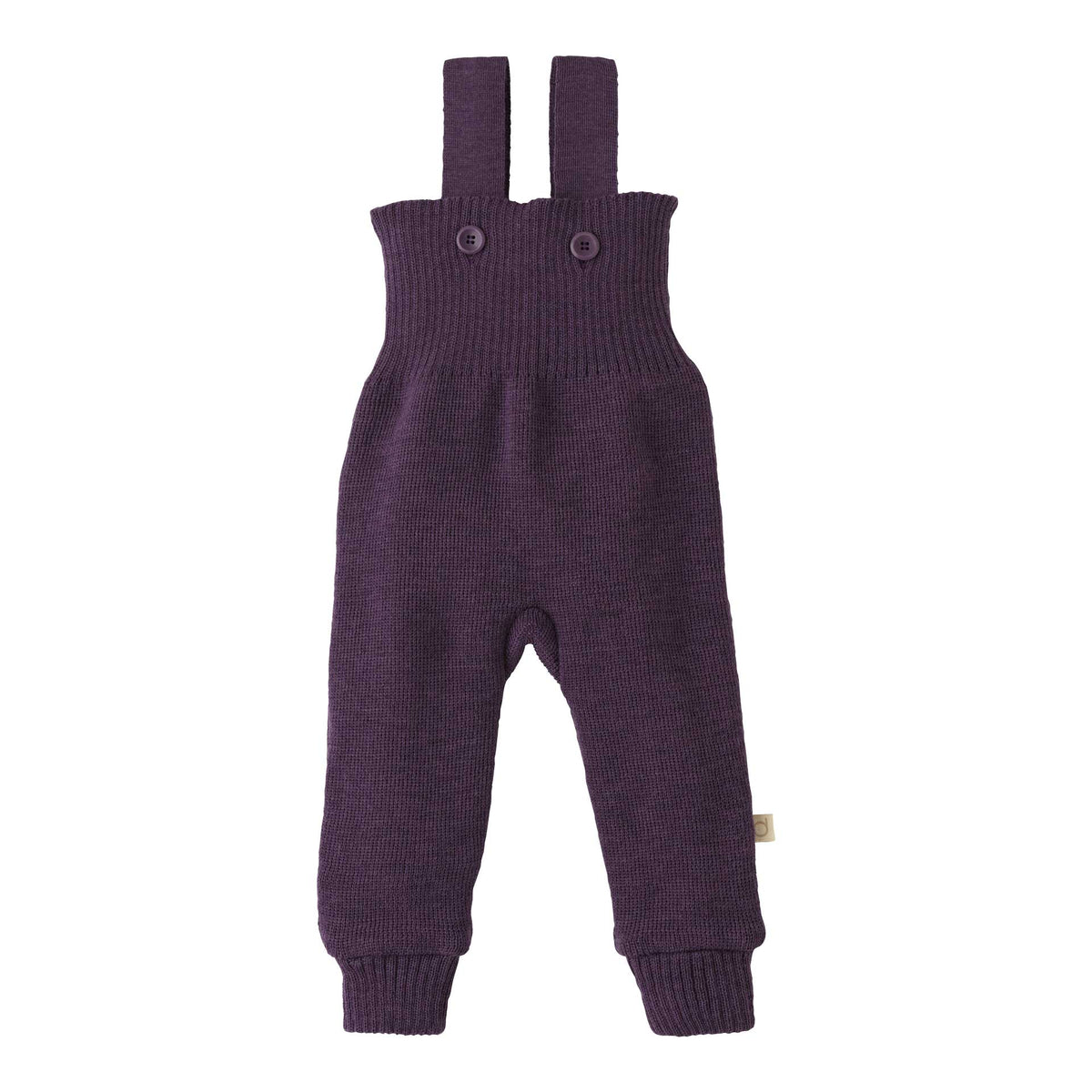 Purple knitted baby romper with button straps on a white background
