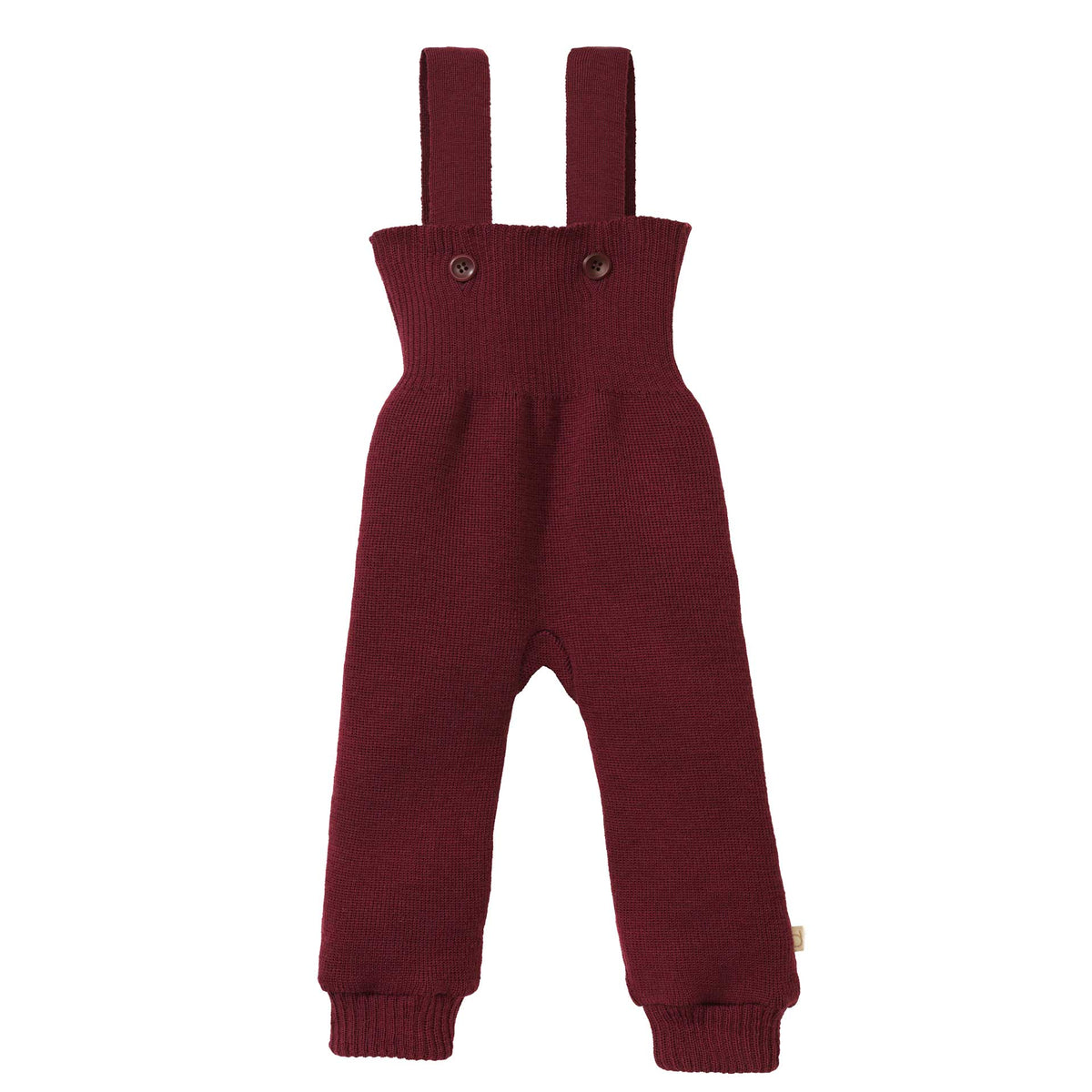 Maroon knitted overalls with straps on a white background