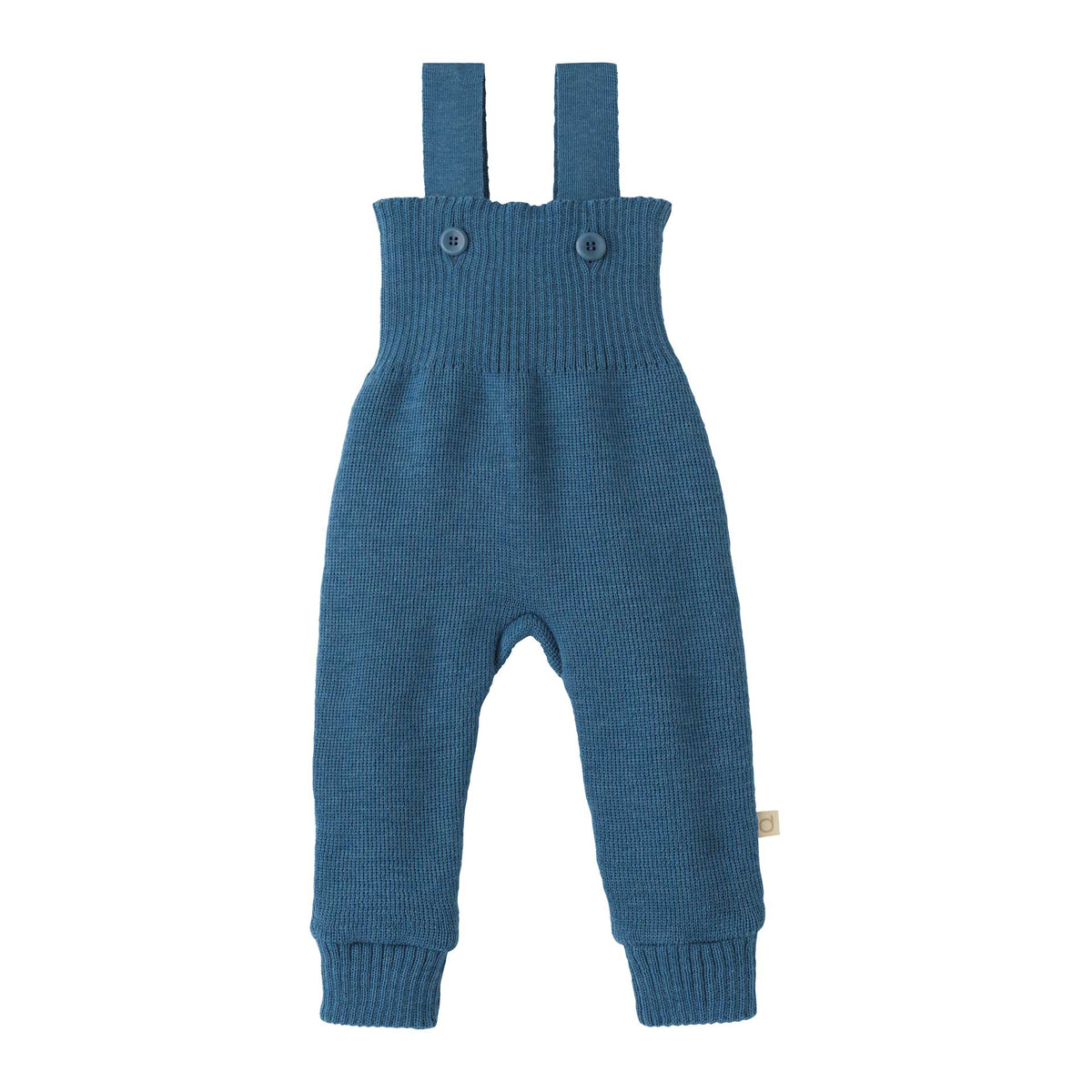 Blue knitted baby romper with straps on a white background