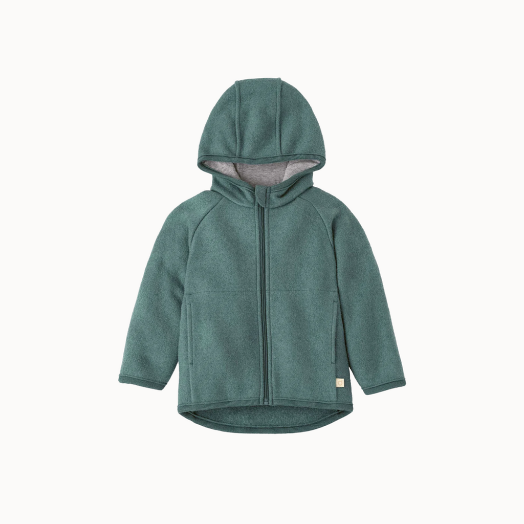 Green hoodie with a visible brand logo on a white background