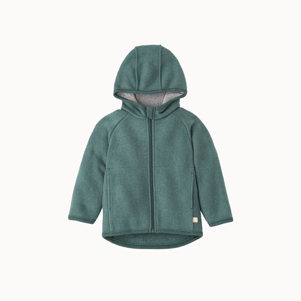 Green hoodie with a visible brand logo on a white background