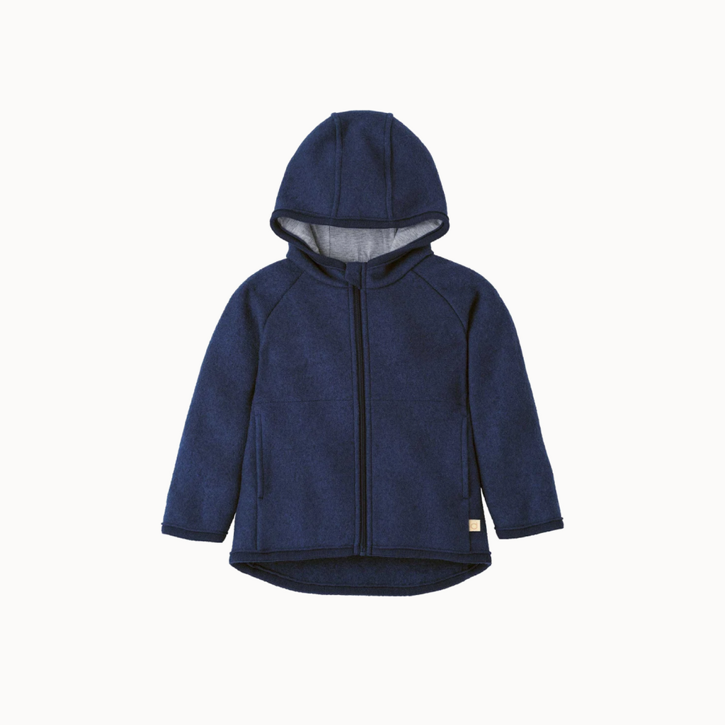 Blue hoodie with a visible brand logo on a white background