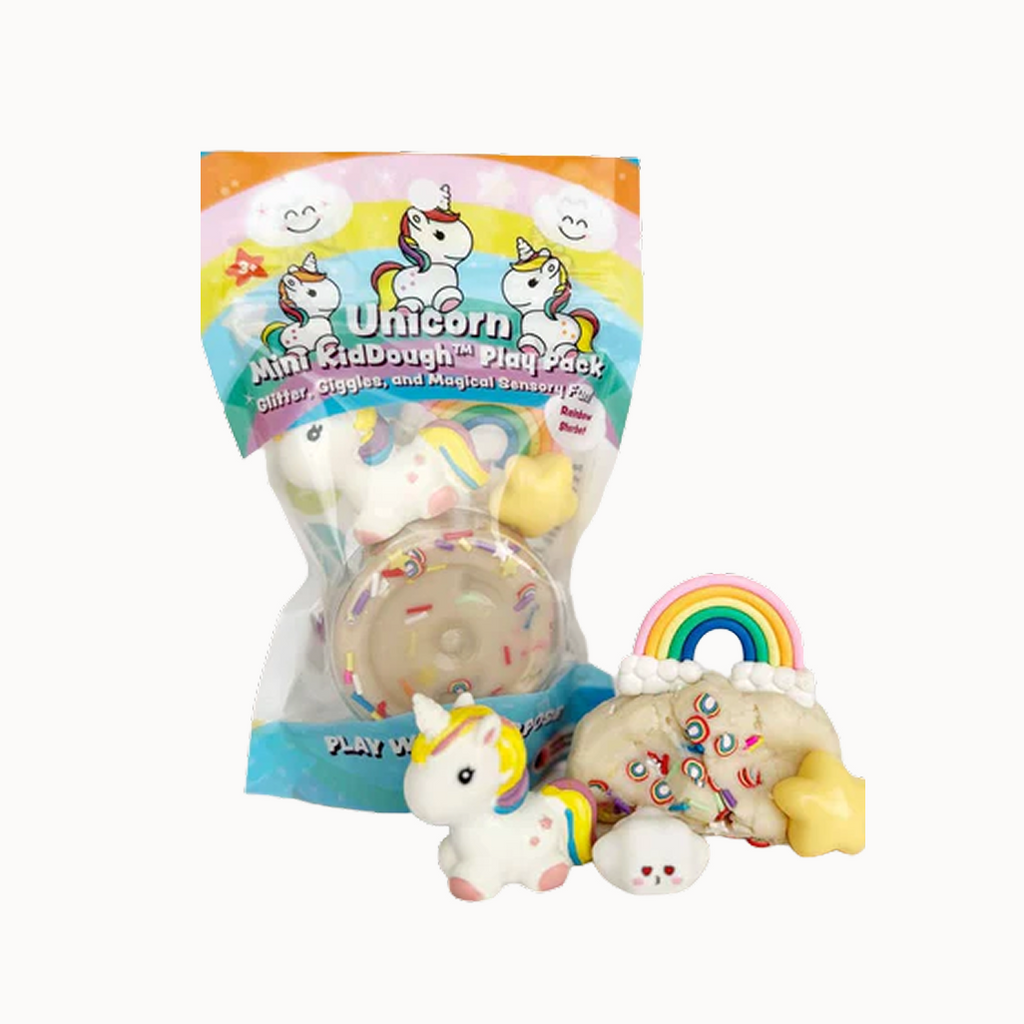 Unicorn-themed mini play dough pack with figures and packaging on a white background