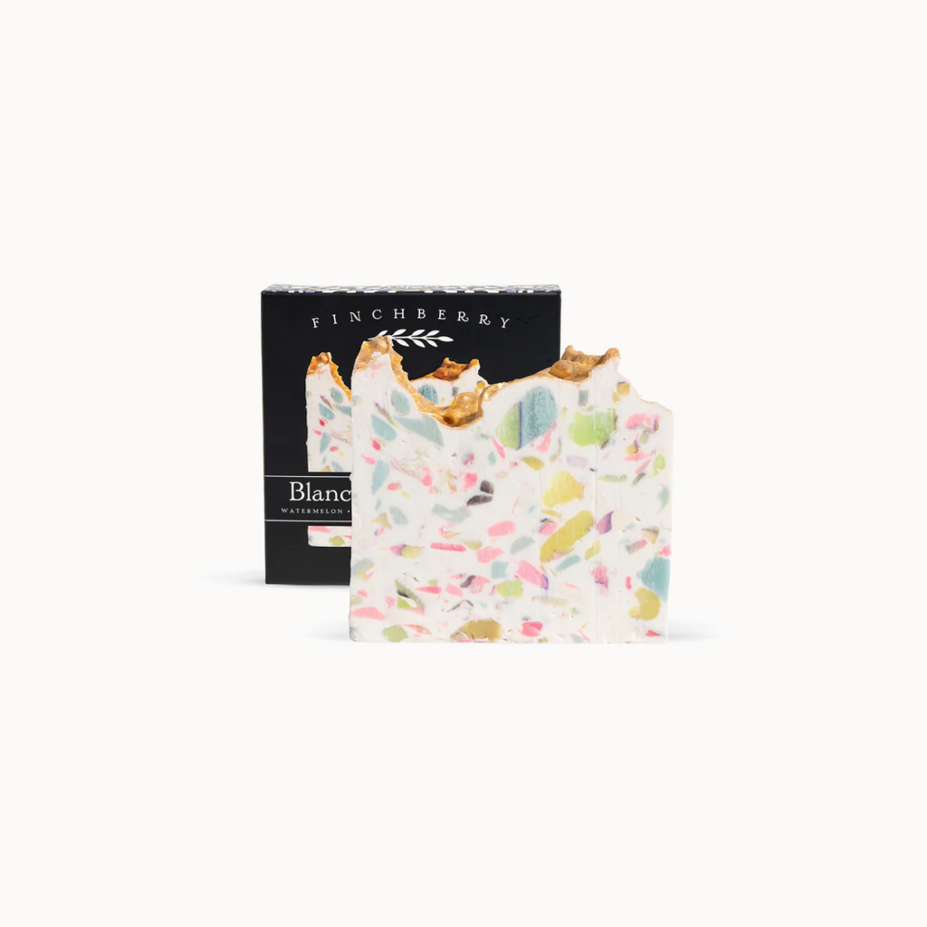 Colorful terrazzo-style soap with 'Finchberry' branding on a white background