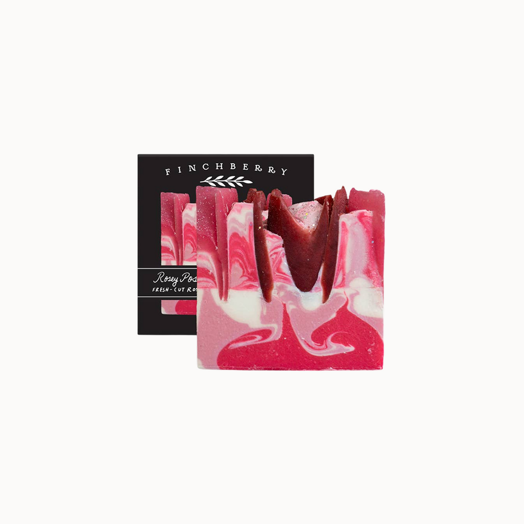 Marbled pink and white soap bar with 'Finchberry' branding on a white background