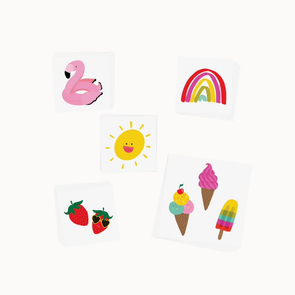 Set of colorful temporary tattoos including a flamingo, rainbow, sun, ice cream cones, and popsicles on a white background.