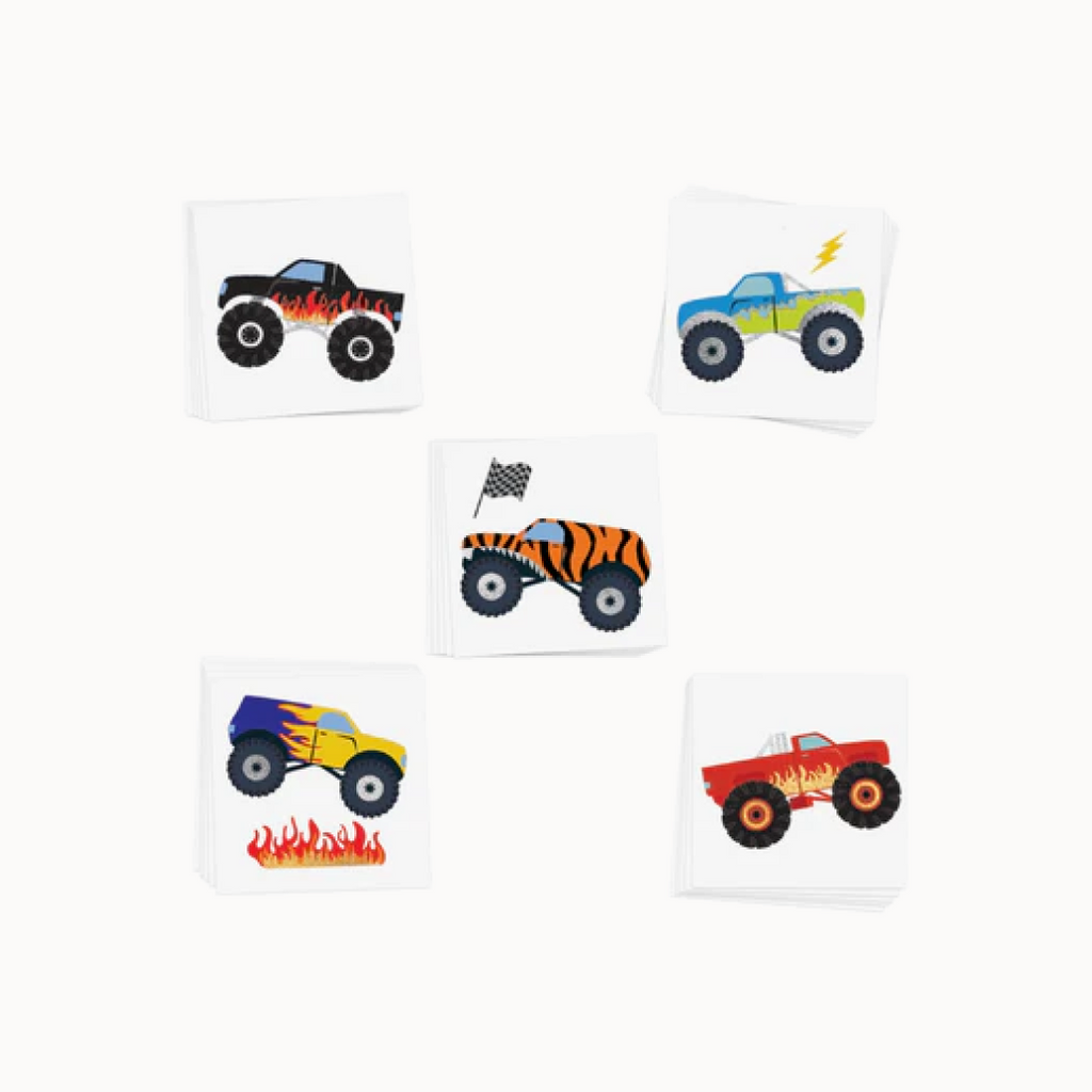 Set of five colorful monster truck tattoos on white paper