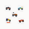 Set of five colorful monster truck tattoos on white paper