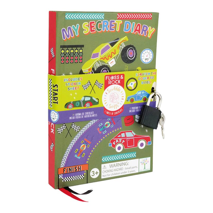 Children's diary with car-themed design and keychain on a white background