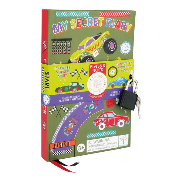Children's diary with car-themed design and keychain on a white background