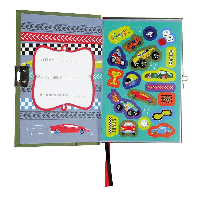 Children's activity book with car-themed stickers and a blank page for writing.