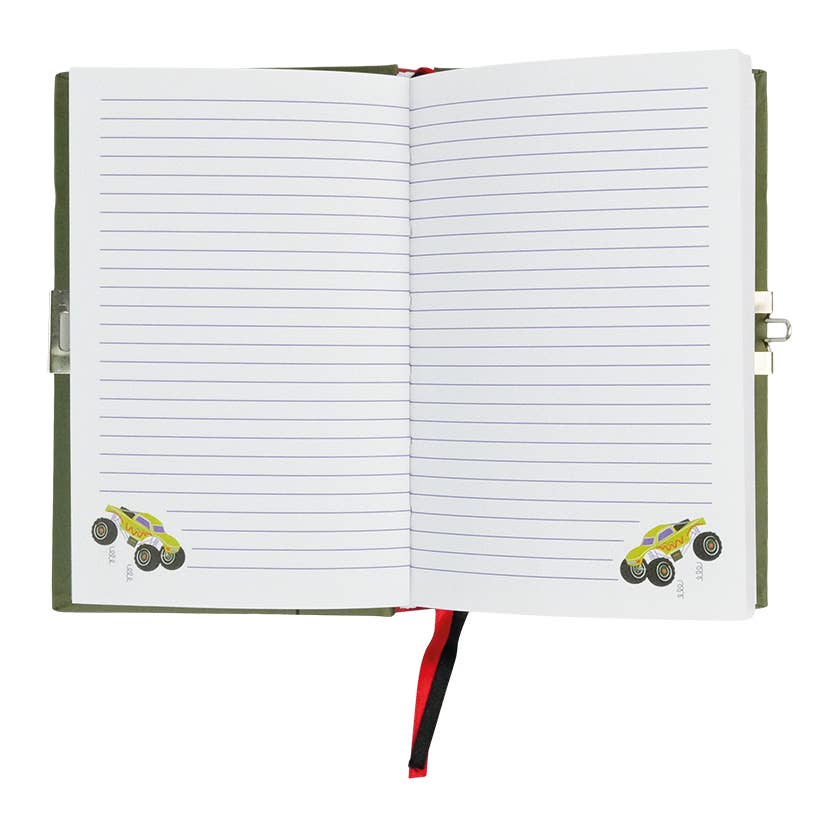 Open notebook with lined pages and car illustrations on a white background