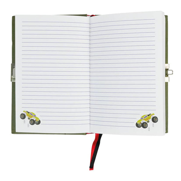 Open notebook with lined pages and car illustrations on a white background
