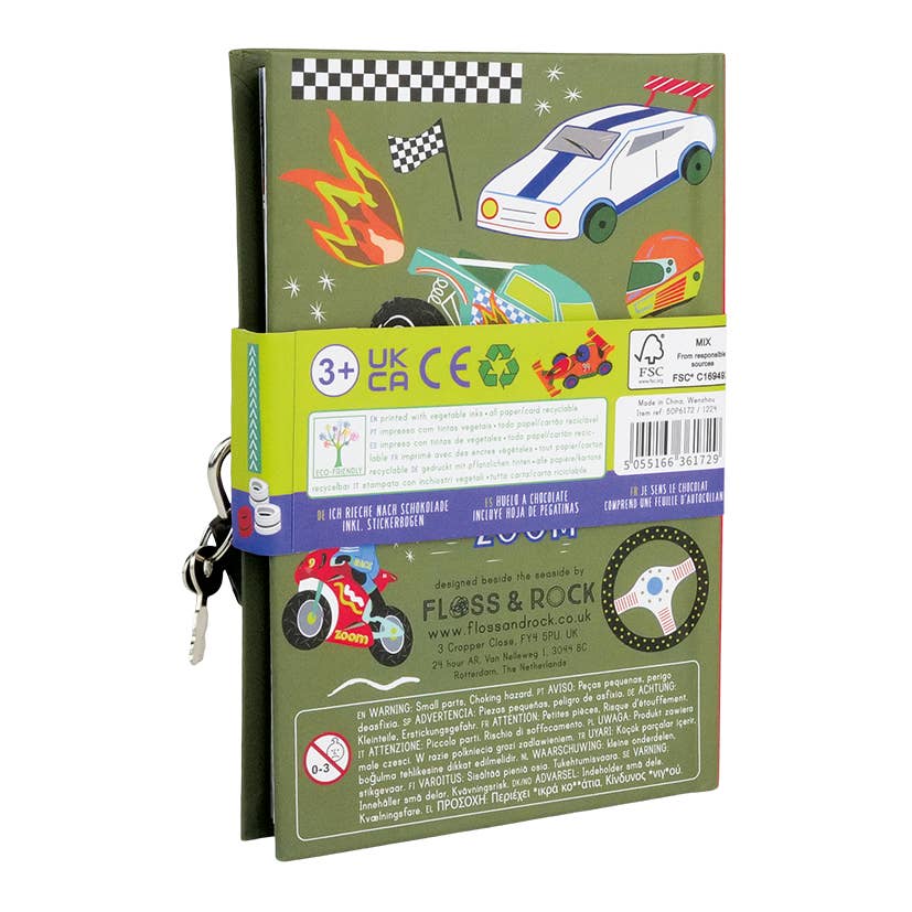 Children's notebook with car-themed design and Floss & Rock branding on a white background