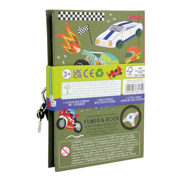 Children's notebook with car-themed design and Floss & Rock branding on a white background