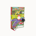 Children's diary with car-themed design and keychain on a white background