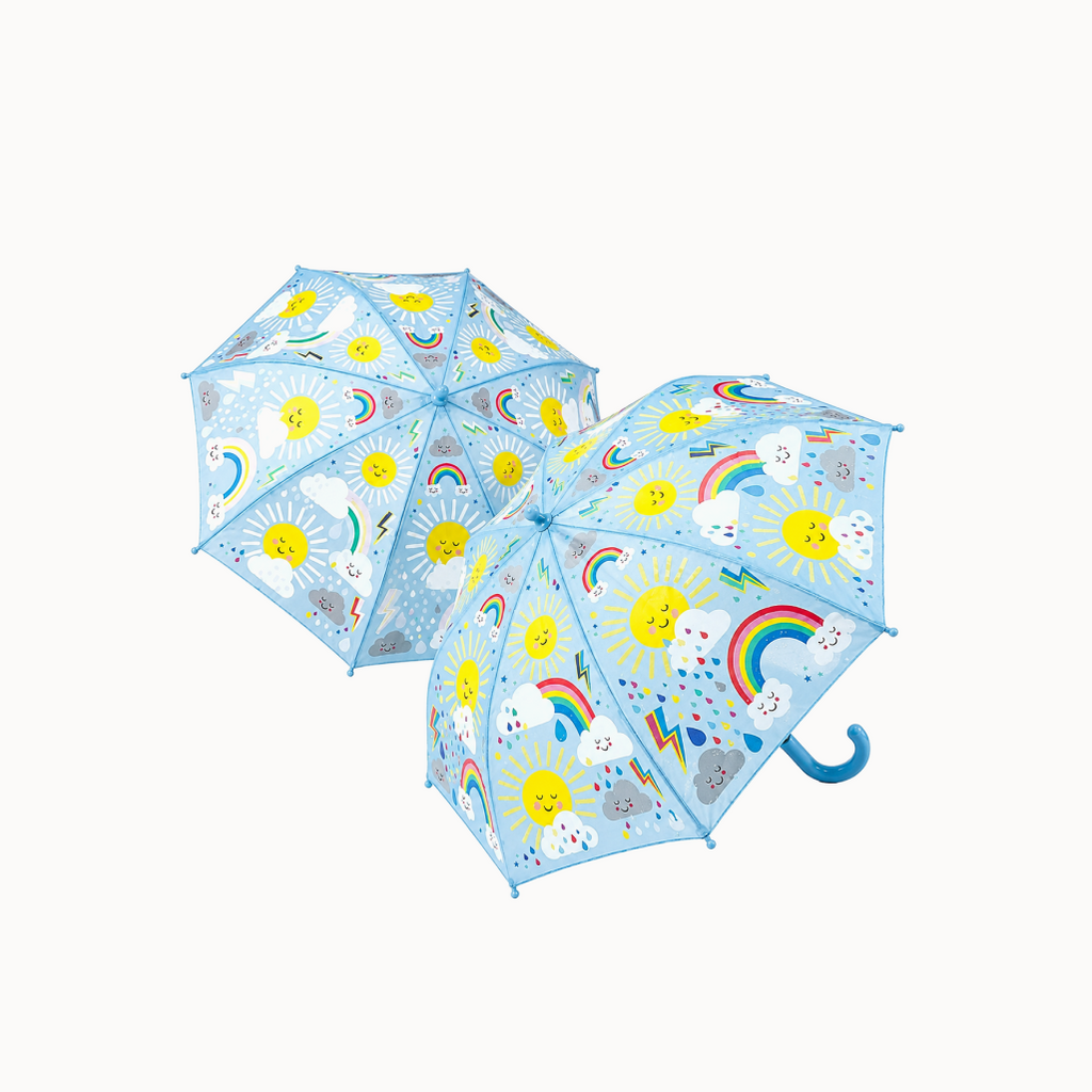 Two children's umbrellas with sunny design on a white background