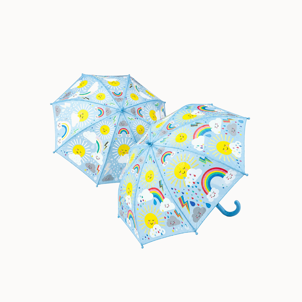 Two children's umbrellas with sunny design on a white background