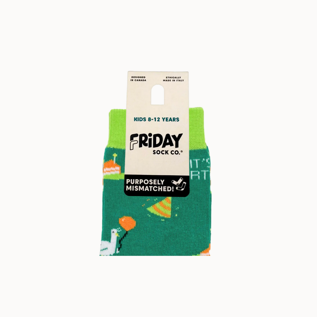 Green socks with dinosaur pattern in packaging labeled 'Friday Sock Co.'