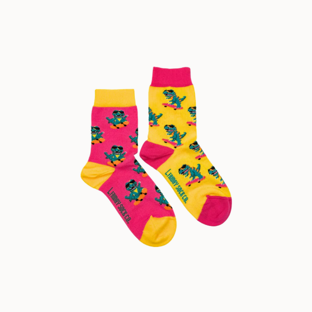 Colorful socks with cartoon character design on a white background