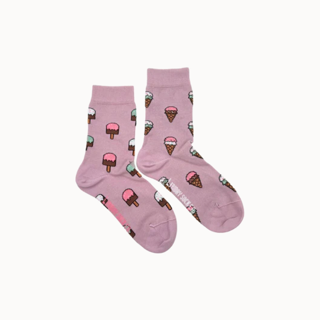 Two socks with ice cream illustrations on a white background