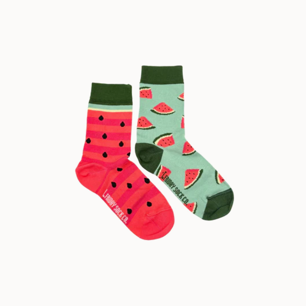 Two pairs of socks with watermelon pattern on a white background