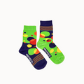 Two mismatched socks with colorful patterns on a white background.