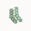 Two pairs of socks with chicken patterns on a white background.