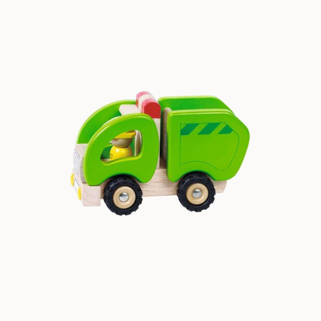 Green toy garbage truck with black wheels on a white background